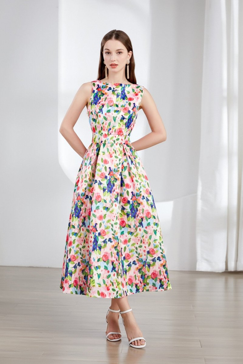 Floral Sleeveless Boatneck Flared A Line Midi Dress