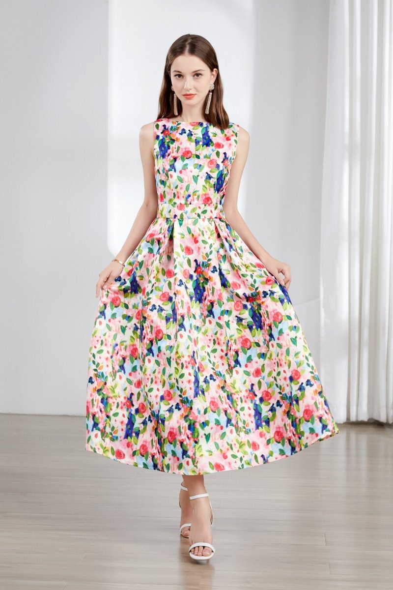 Floral Sleeveless Boatneck Flared A Line Midi Dress