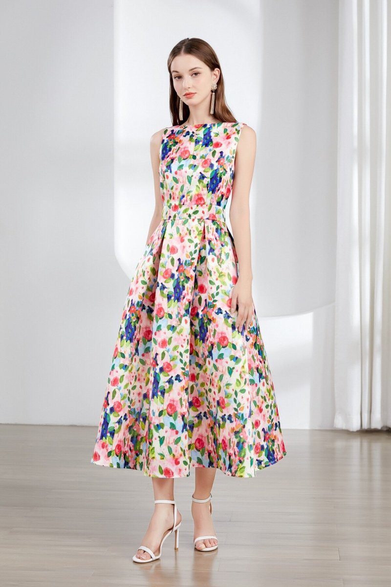 Floral Sleeveless Boatneck Flared A Line Midi Dress